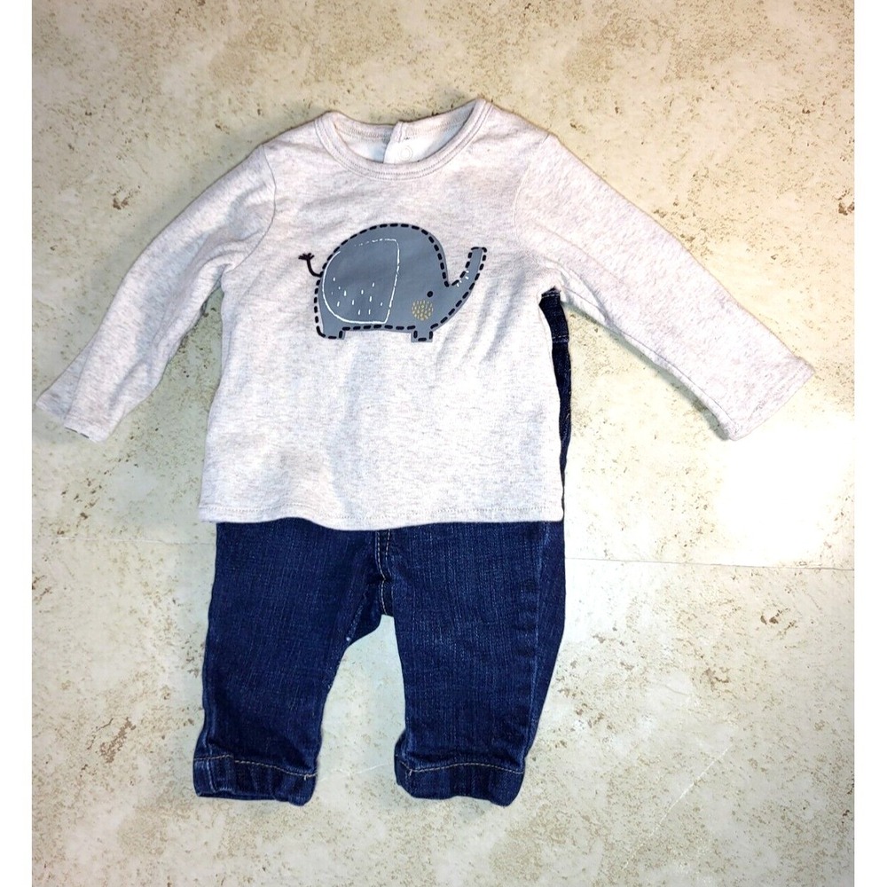 Wonder Nation Cream Reversible Elephant Snap Top/GAP Snap Front Blue Jeans‎ 0-3M